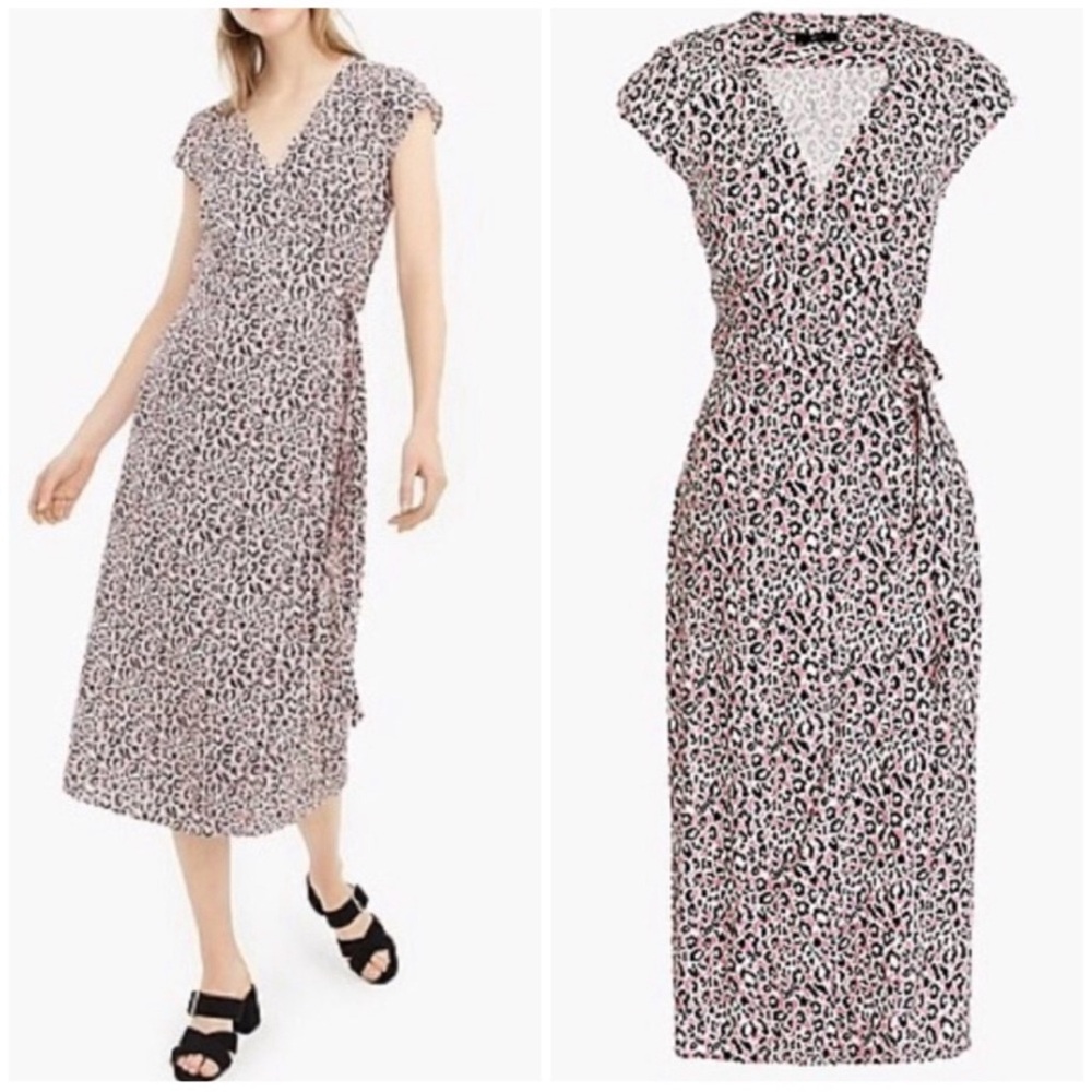 J. Crew Pink Leopard Midi Wrap Dress V- Neck Medium Short Sleeves